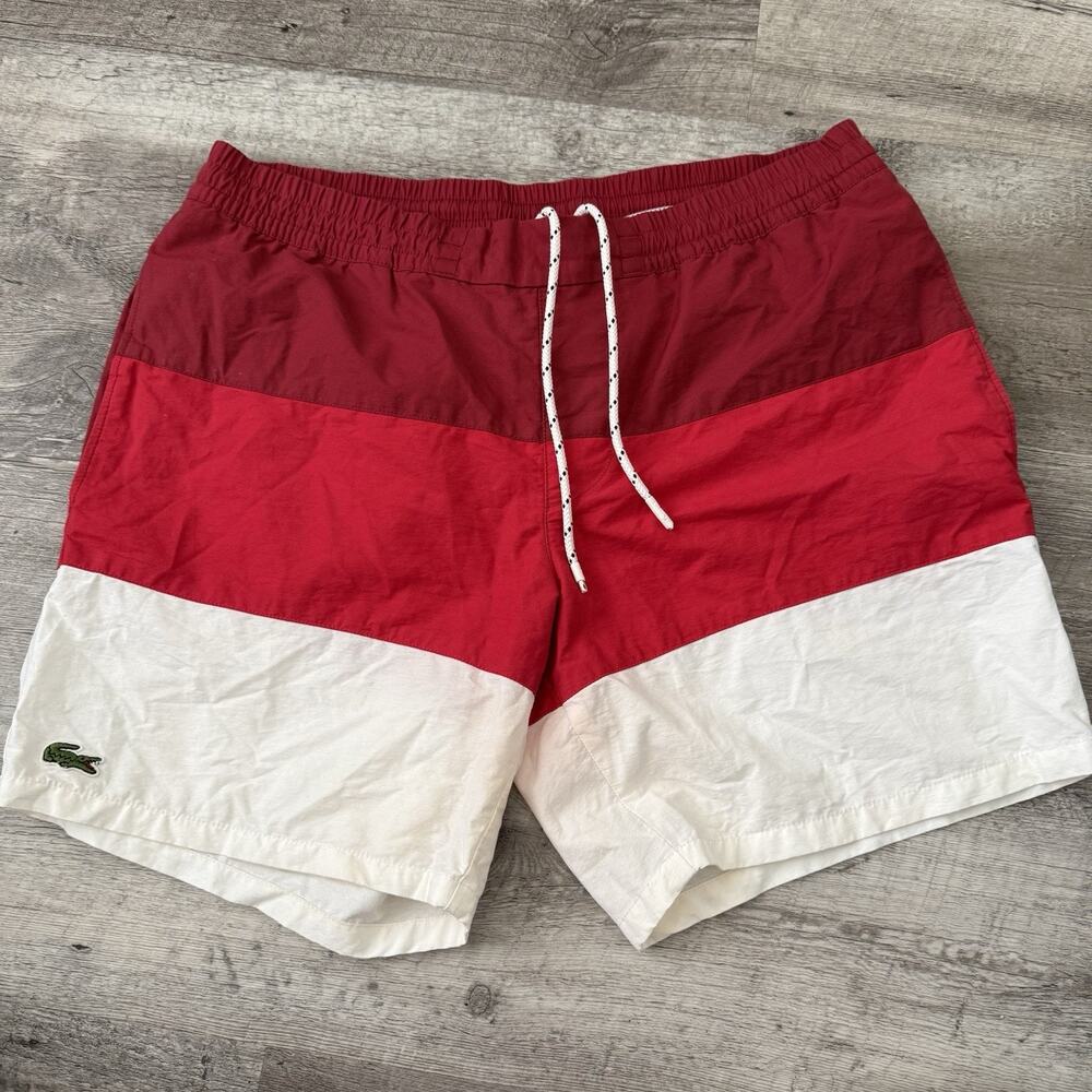 Lacoste Swim Trunks Men Medium Red Striped Swimwear Crocodile Mesh Lined Pull-On